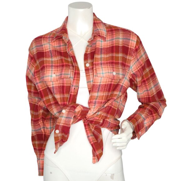Old Navy Flannel Plaid Shirt "The Boyfriend Shirt" Button Down Top Orange Red - Picture 11 of 11